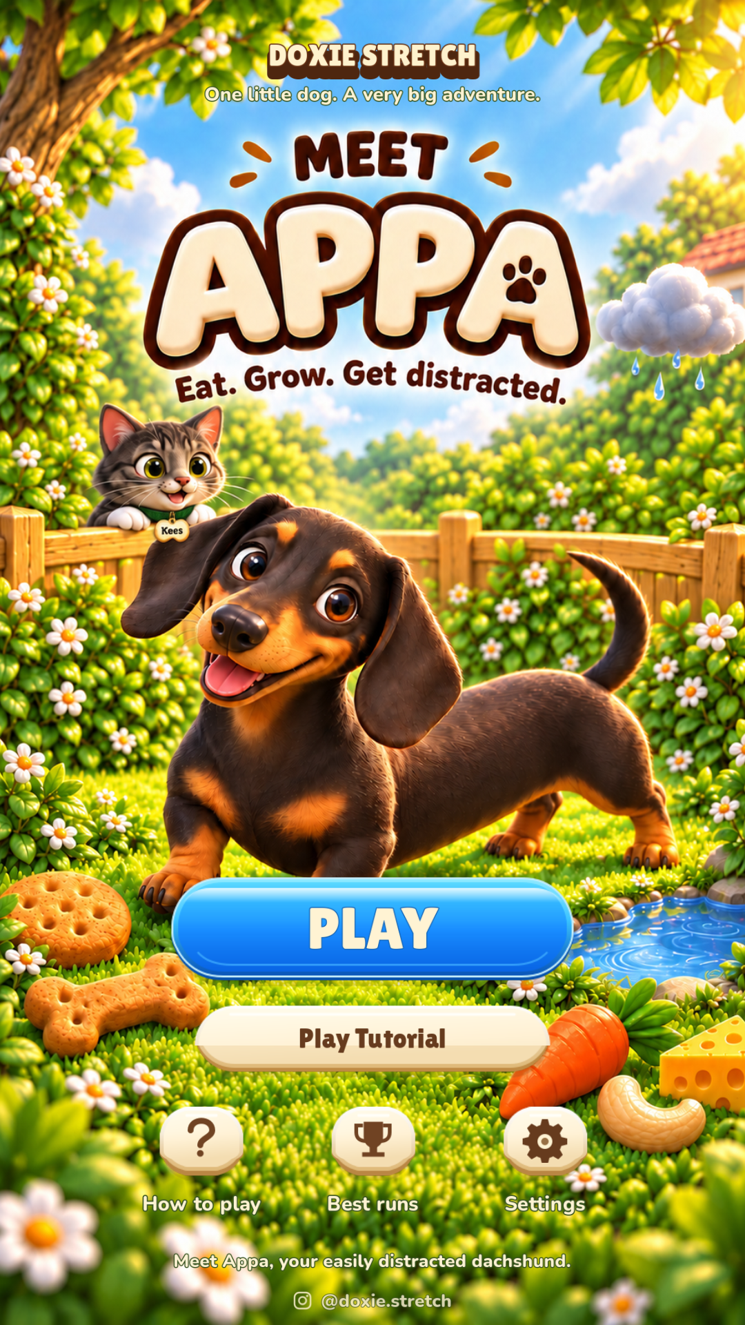 Doxie Stretch home screen with Appa, Kees on the fence, and the Play and Play Tutorial buttons.